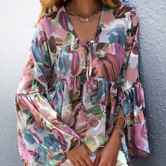 Bellanblue Tops - Boho Floral Blue Tie Babydoll Oversized Blouse